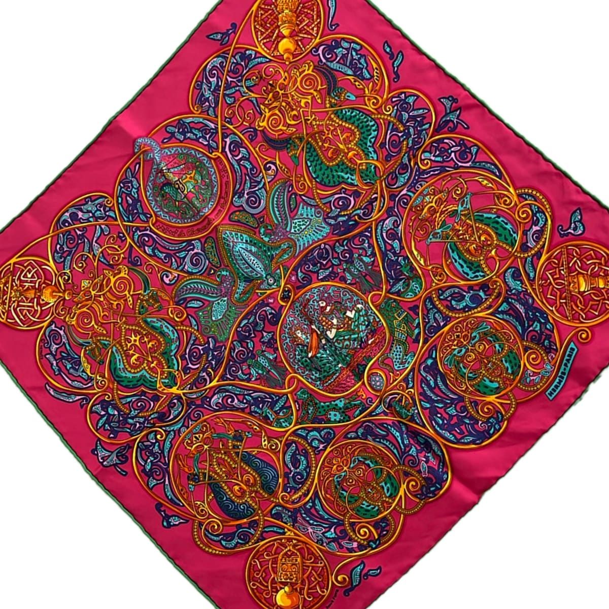 Hermes Scarf Petit Carre Pink Green Multi la Charmante Aux Animaux