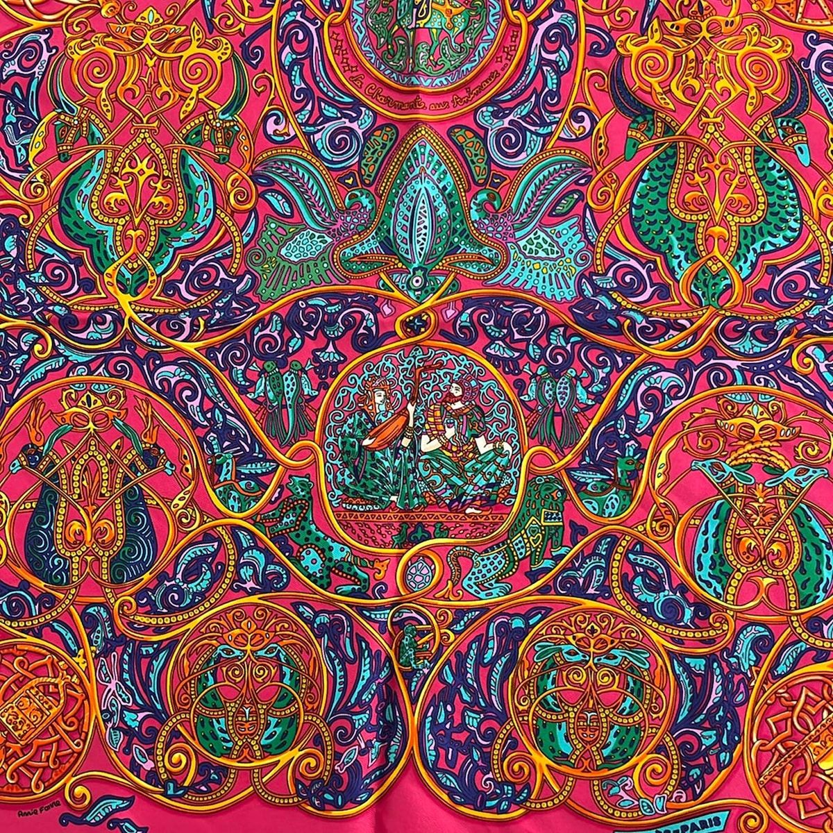 Hermes Scarf Petit Carre Pink Green Multi la Charmante Aux Animaux — view 4