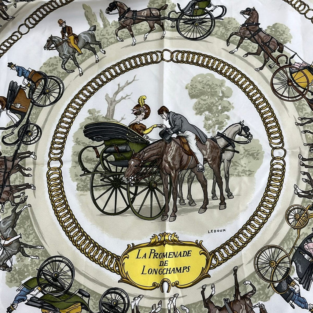 Hermes Scarf Carre 90 White Gold Light Green la Promenade de Longchamps — view 4