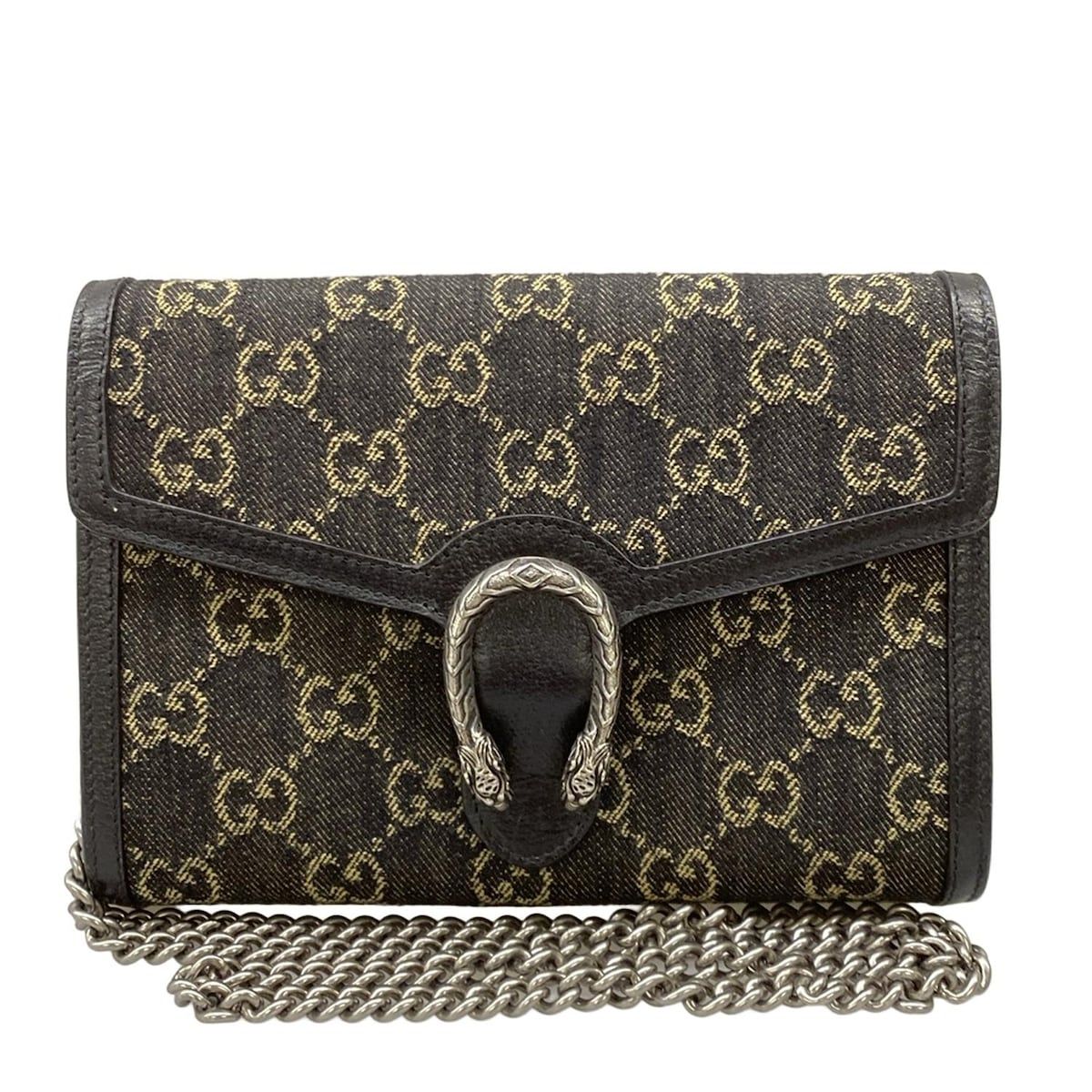 Gucci Wallet Dionysus GG Pattern Black Beige Chain Strap Removable Leather
