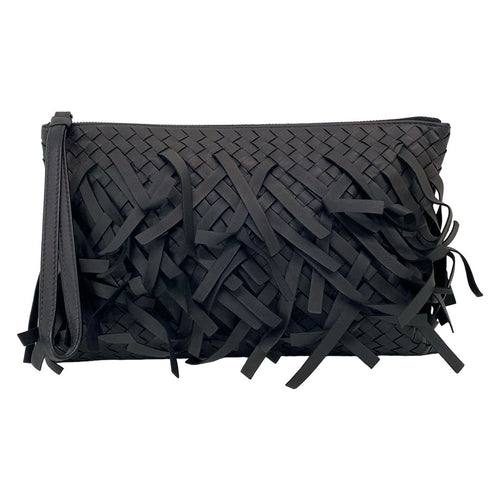 Bottega Veneta Clutch Intrecciato Black Fringe Leather
