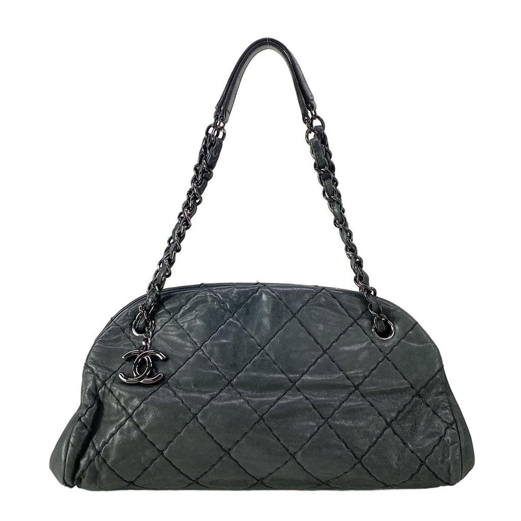 Chanel Shoulder Bag Mademoiselle Bowling Black Chain Silver Leather