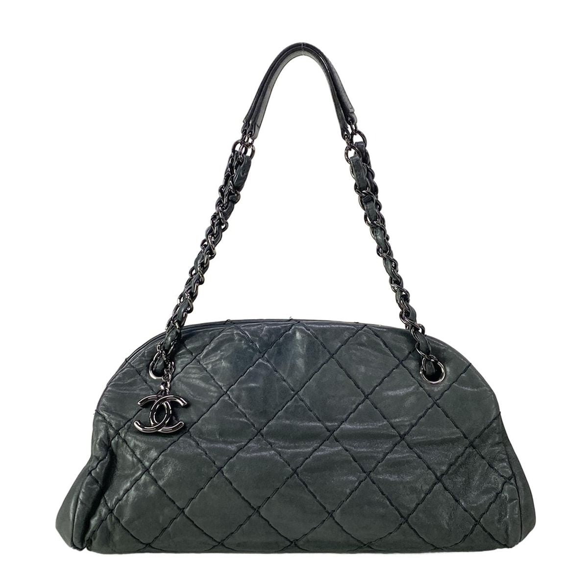 Chanel Shoulder Bag Mademoiselle Bowling Black Chain Silver Leather