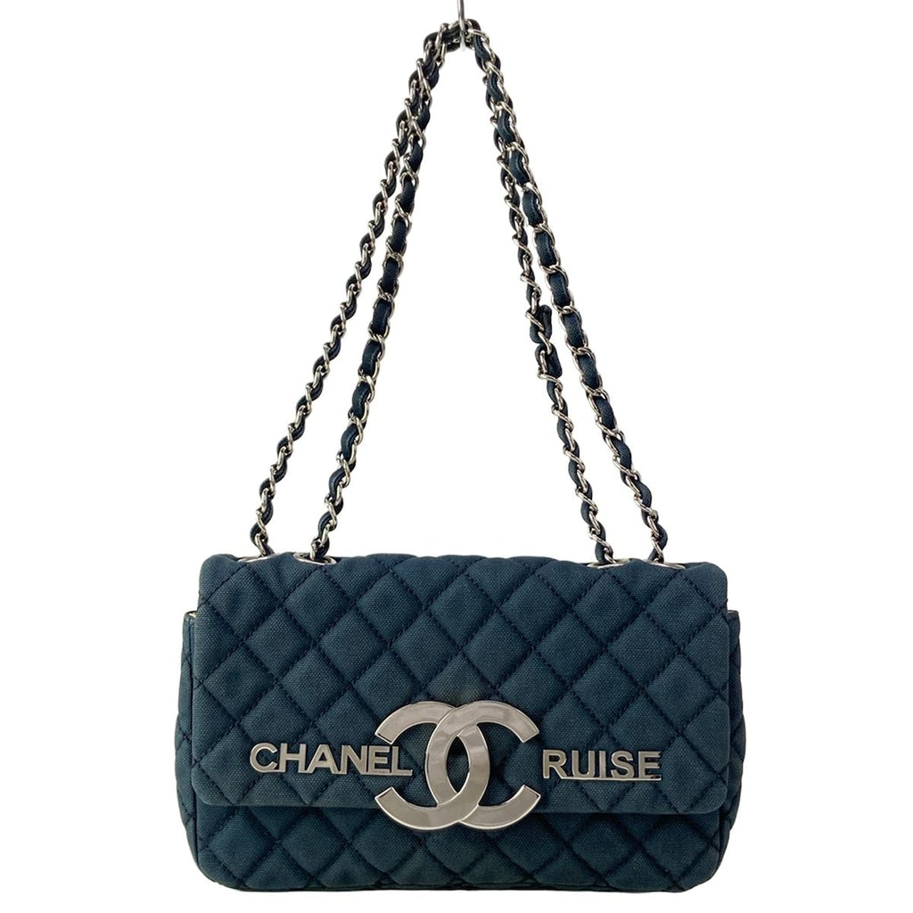Chanel Shoulder Bag Single Flap Quilted Navy Chain Silver Cruise Line