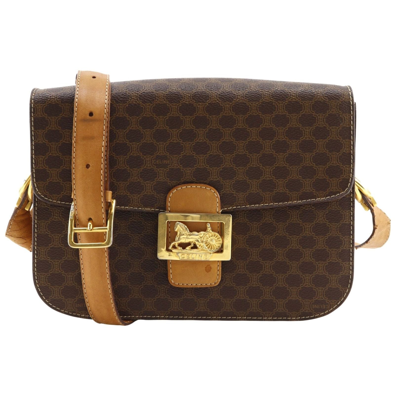 Celine Carriage Macadam Pattern Vintage Brown Shoulder