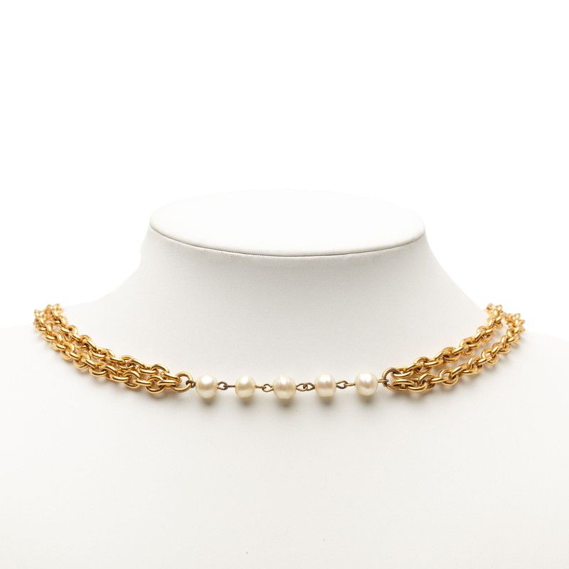 Chanel Vintage Chain Necklace Gold Plated Faux Pearl