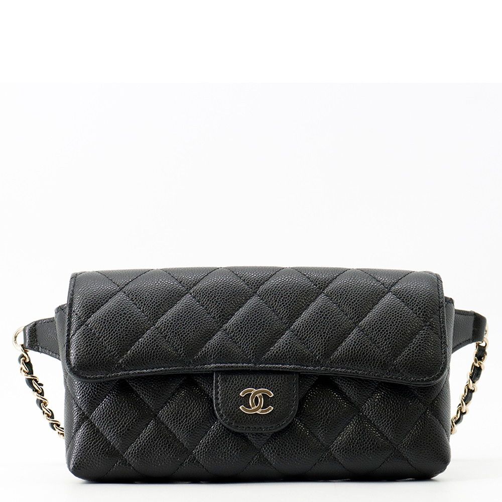 Chanel Belt Bag CC Logo Quilted Chain Caviar Leather Black