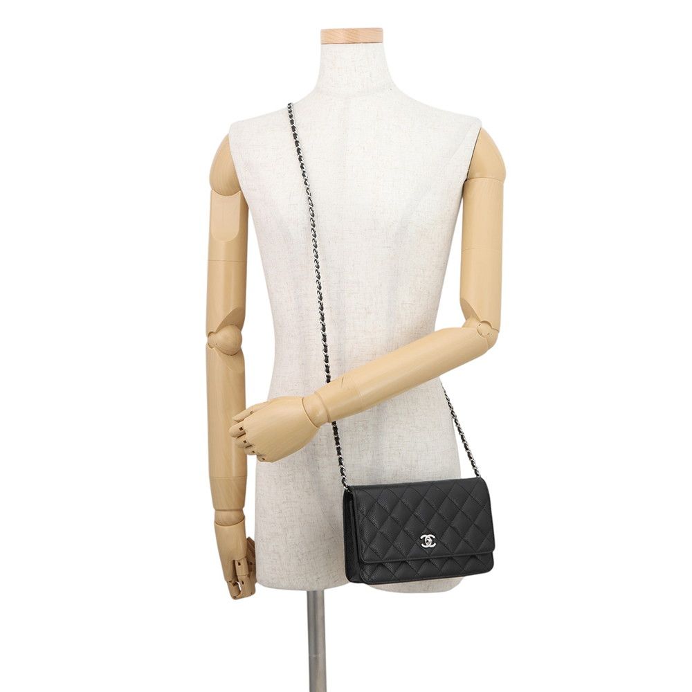 Chanel Chain Wallet Quilted CC Logo Caviar Leather Black Shoulder — view 4
