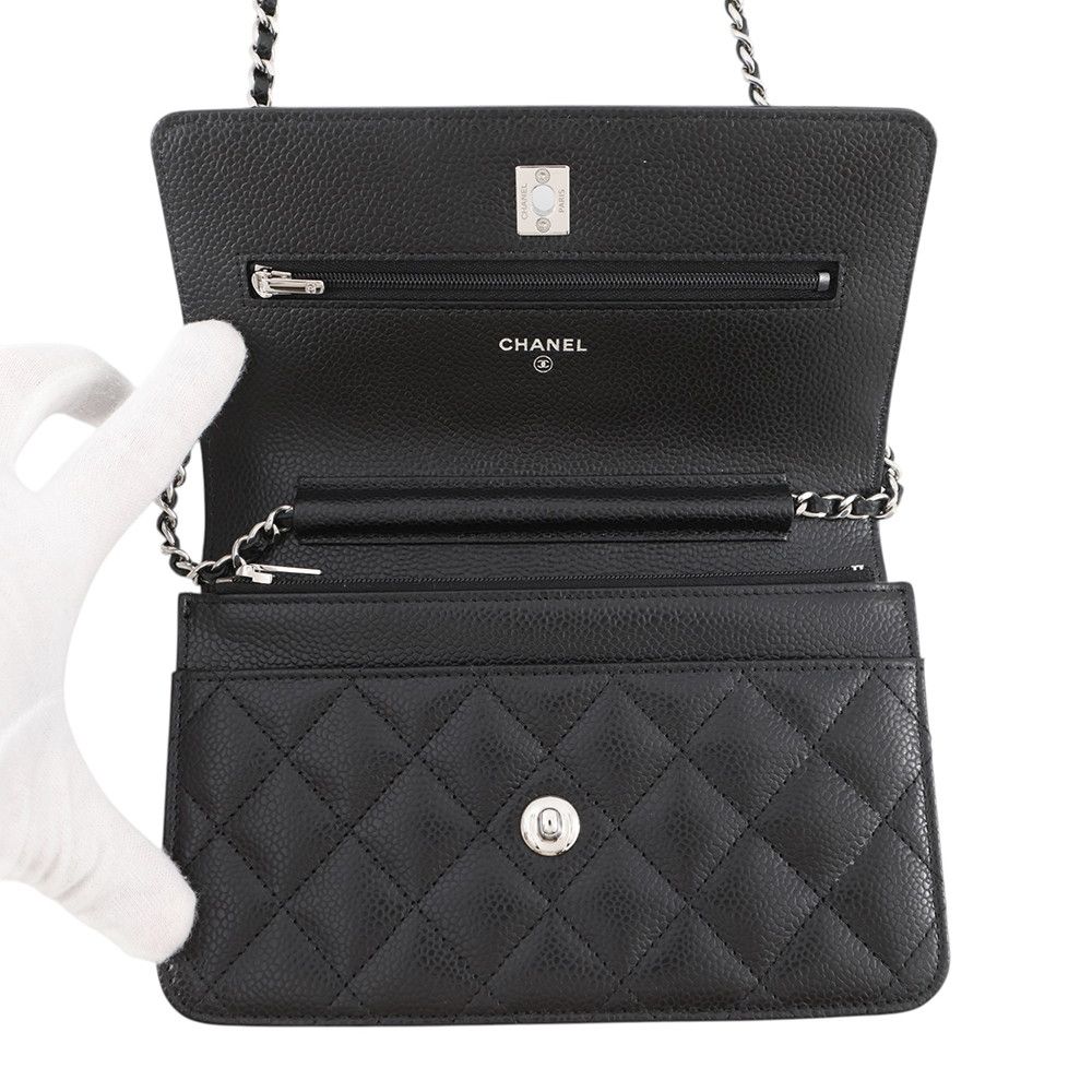 Chanel Chain Wallet Quilted CC Logo Caviar Leather Black Shoulder — view 5