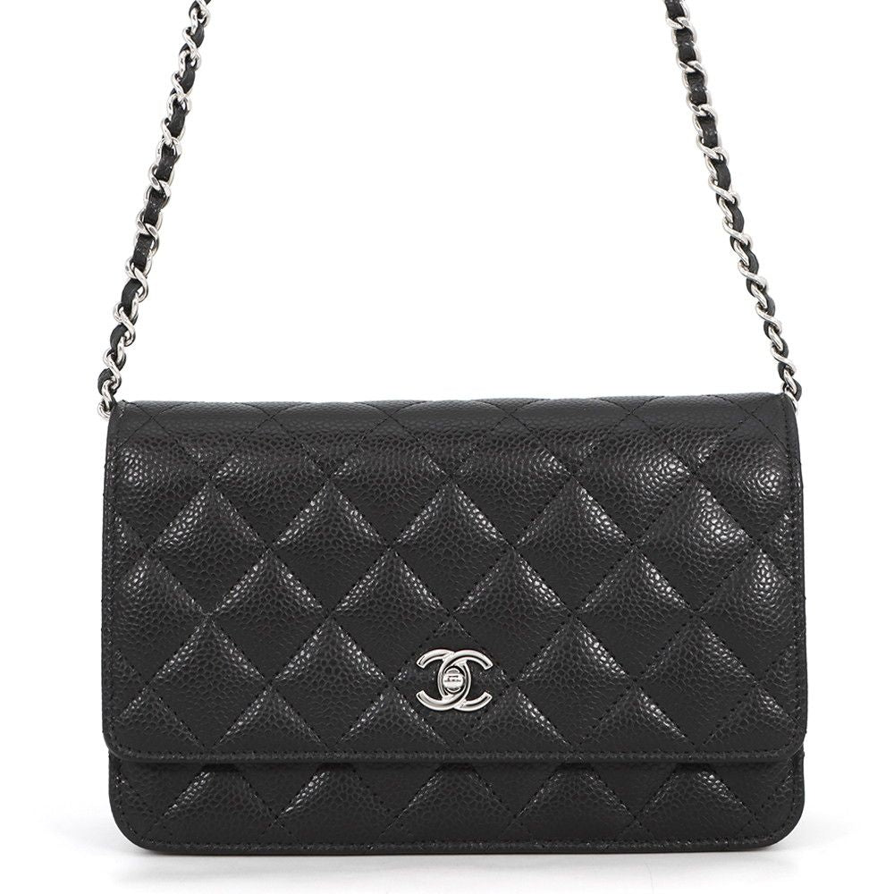 Chanel Chain Wallet Quilted CC Logo Caviar Leather Black Shoulder