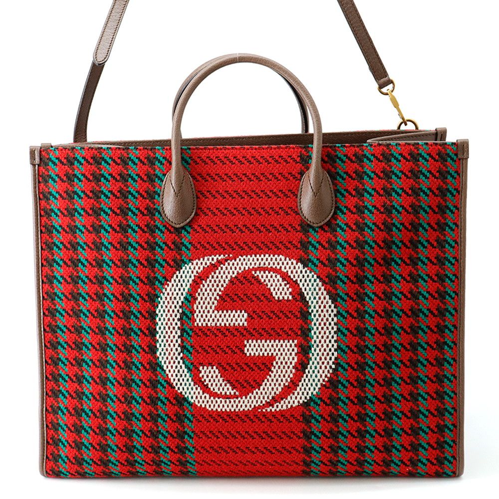 Gucci Tote Interlocking Houndstooth Canvas Leather 2-Way