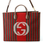 Gucci Tote Interlocking Houndstooth Canvas Leather 2-Way
