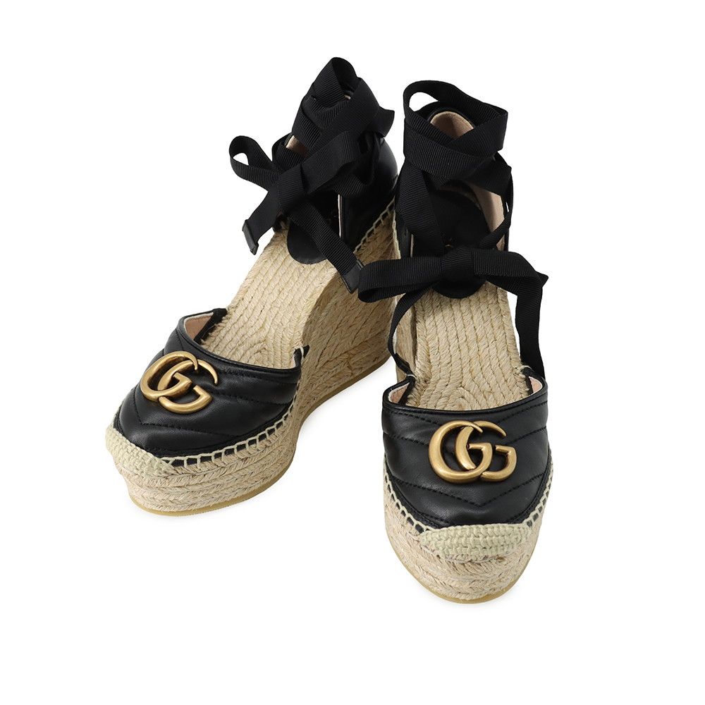 Gucci Sandals GG Marmont Lace Up Espadrilles Wedge Sole 34.5 Shoes Black