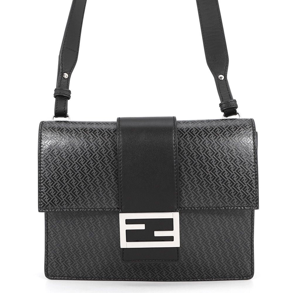 Fendi Shoulder Bag Flat Bucket Pochette Leather Black