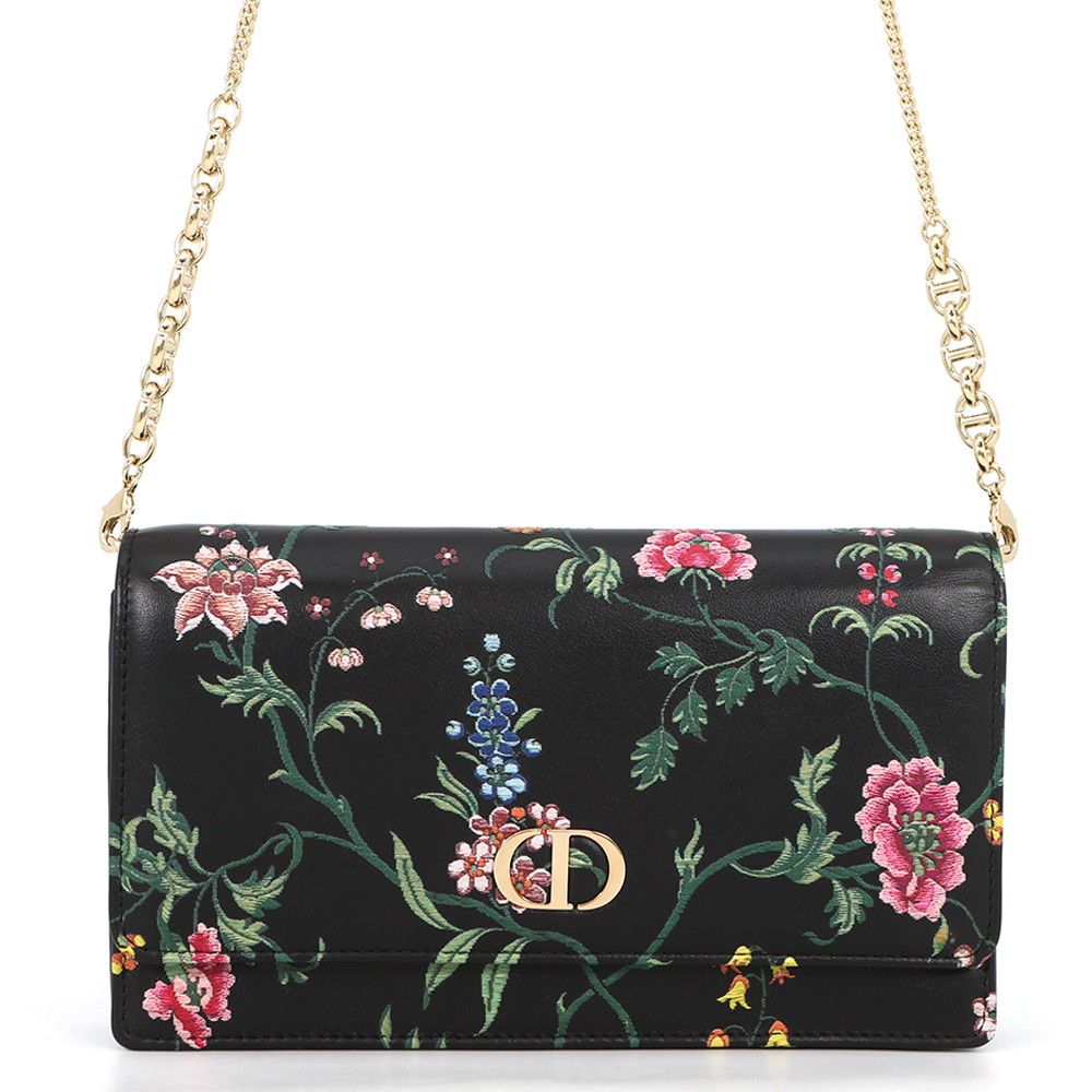 Dior Dio le Chain Wallet Caro Flower Print Leather Obqj Black Shoulder