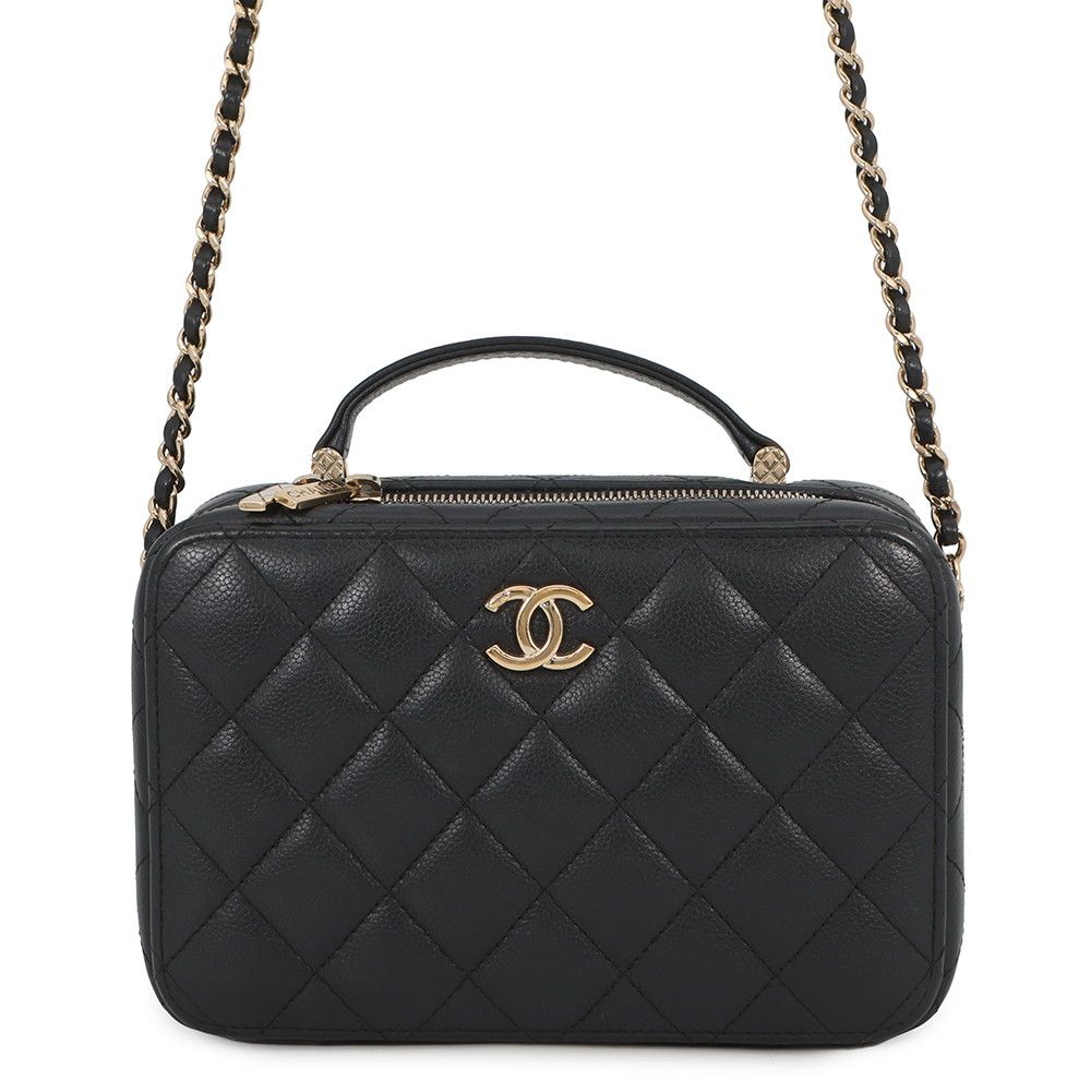 Chanel Chain Shoulder Bag Quilted CC Logo Top Handle Caviar Leather Black