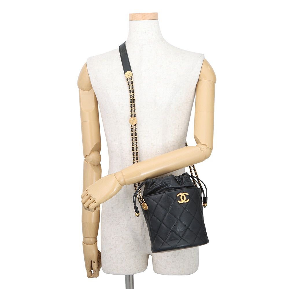 Chanel Chain Shoulder Bag CC Logo Quilted Drawstring Caviar Leather Black — view 4