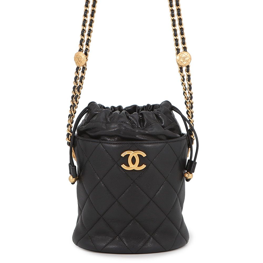 Chanel Chain Shoulder Bag CC Logo Quilted Drawstring Caviar Leather Black