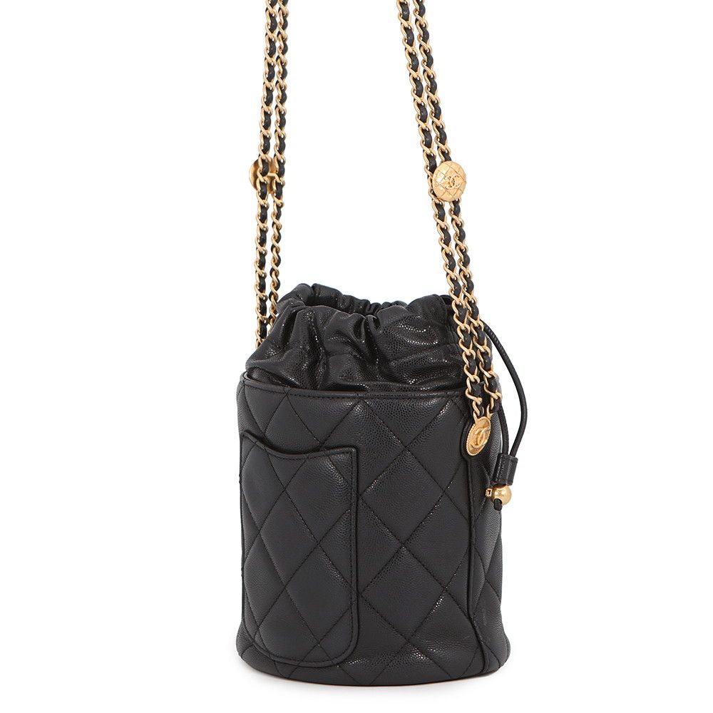 Chanel Chain Shoulder Bag CC Logo Quilted Drawstring Caviar Leather Black — view 2