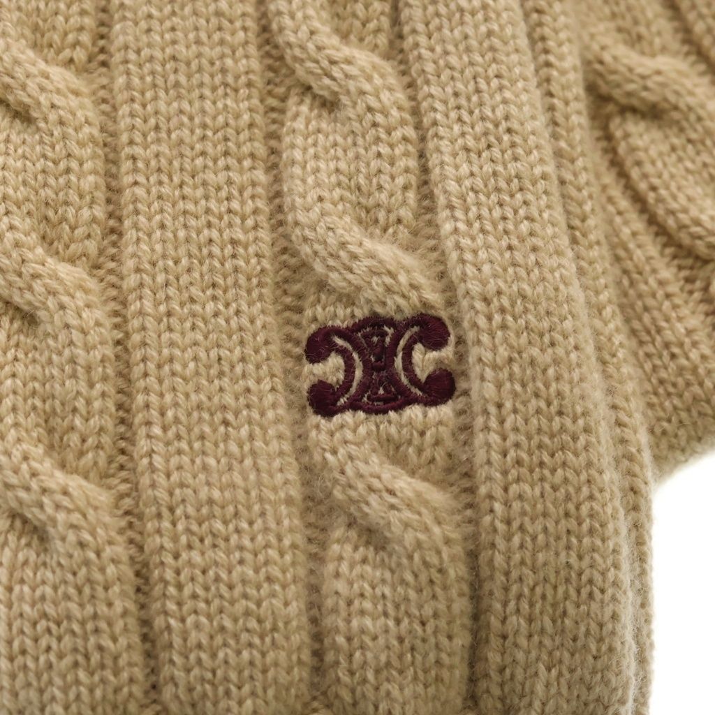 Celine One Point Logo Cable Knit Cashmere Scarf Beige Sweater — view 4