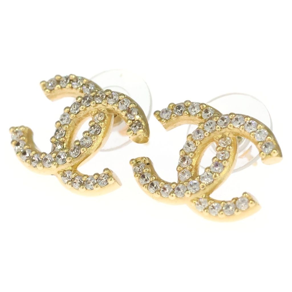 Chanel CC Logo Rhinestone Earrings Gold