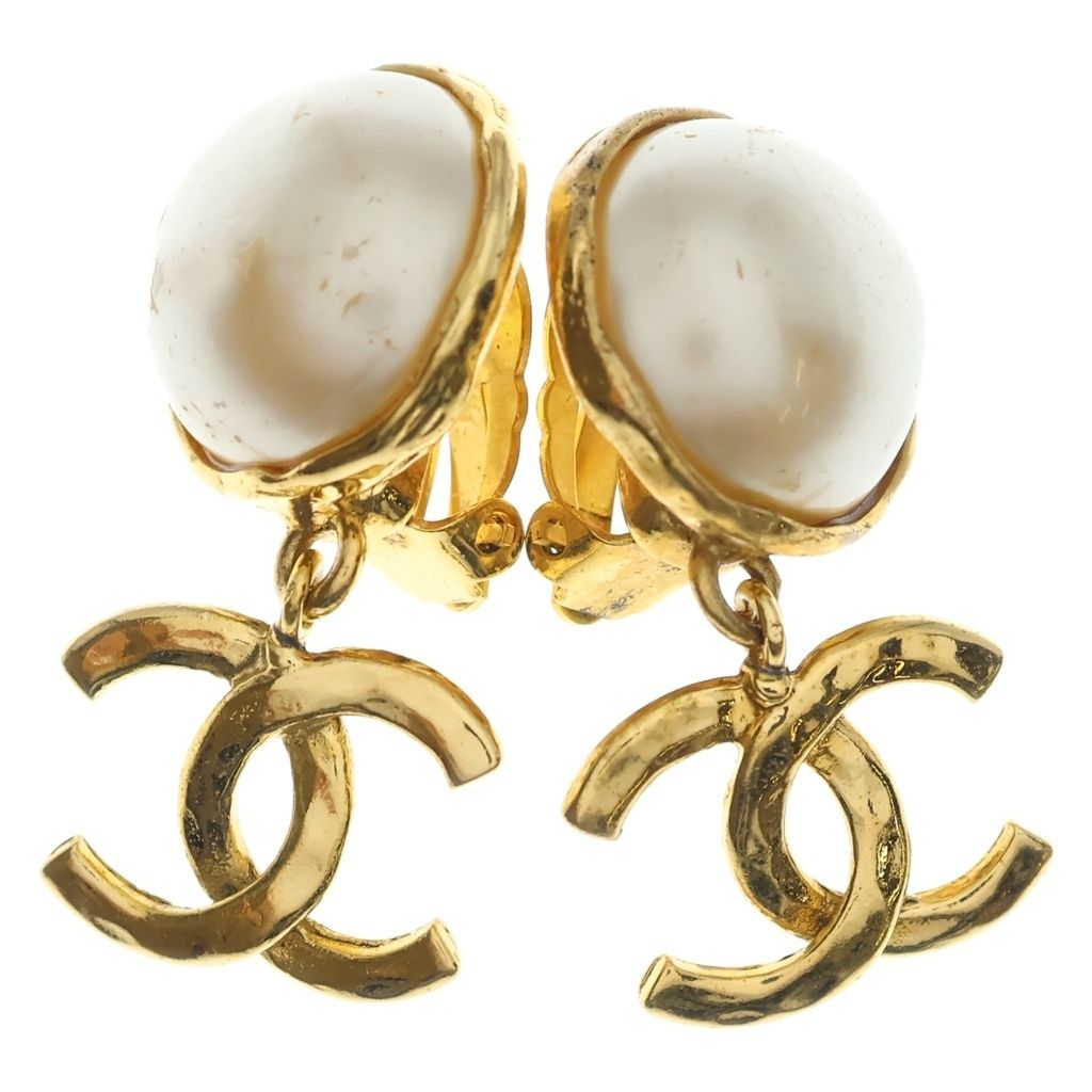 Chanel CC Logo Faux Pearl Earrings Gold