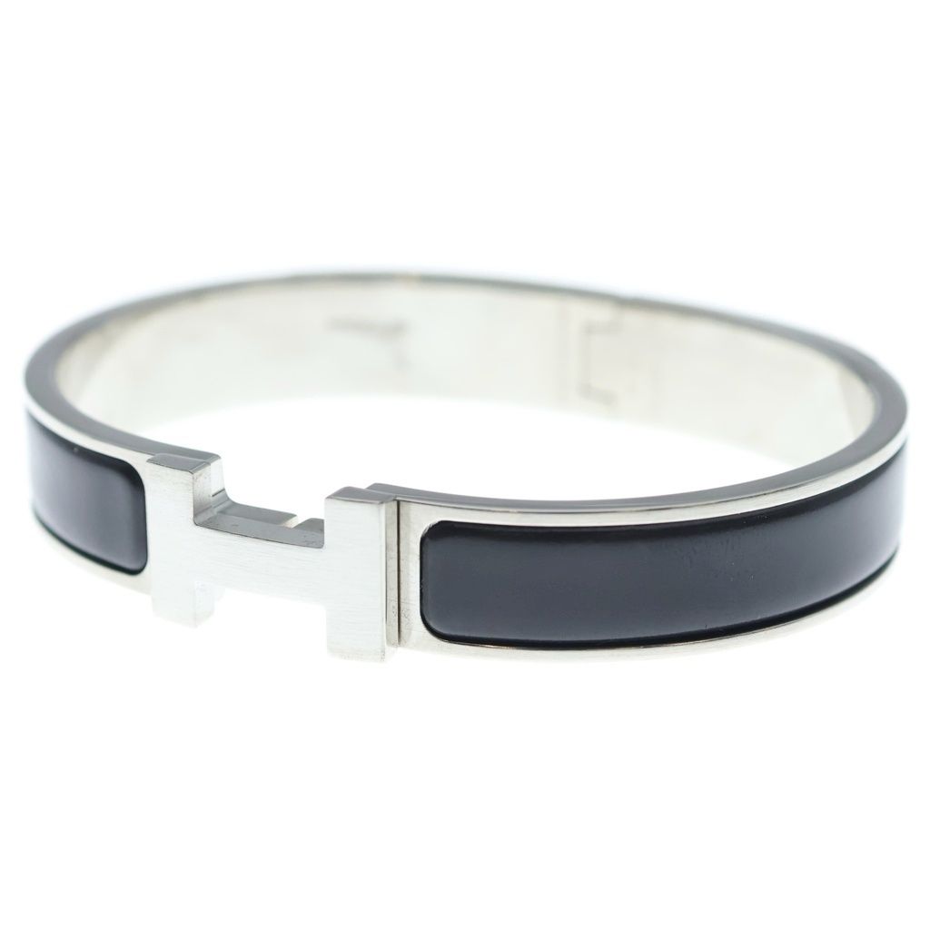 Hermes Click Logo Enamel Bangle Bracelet Black Silver