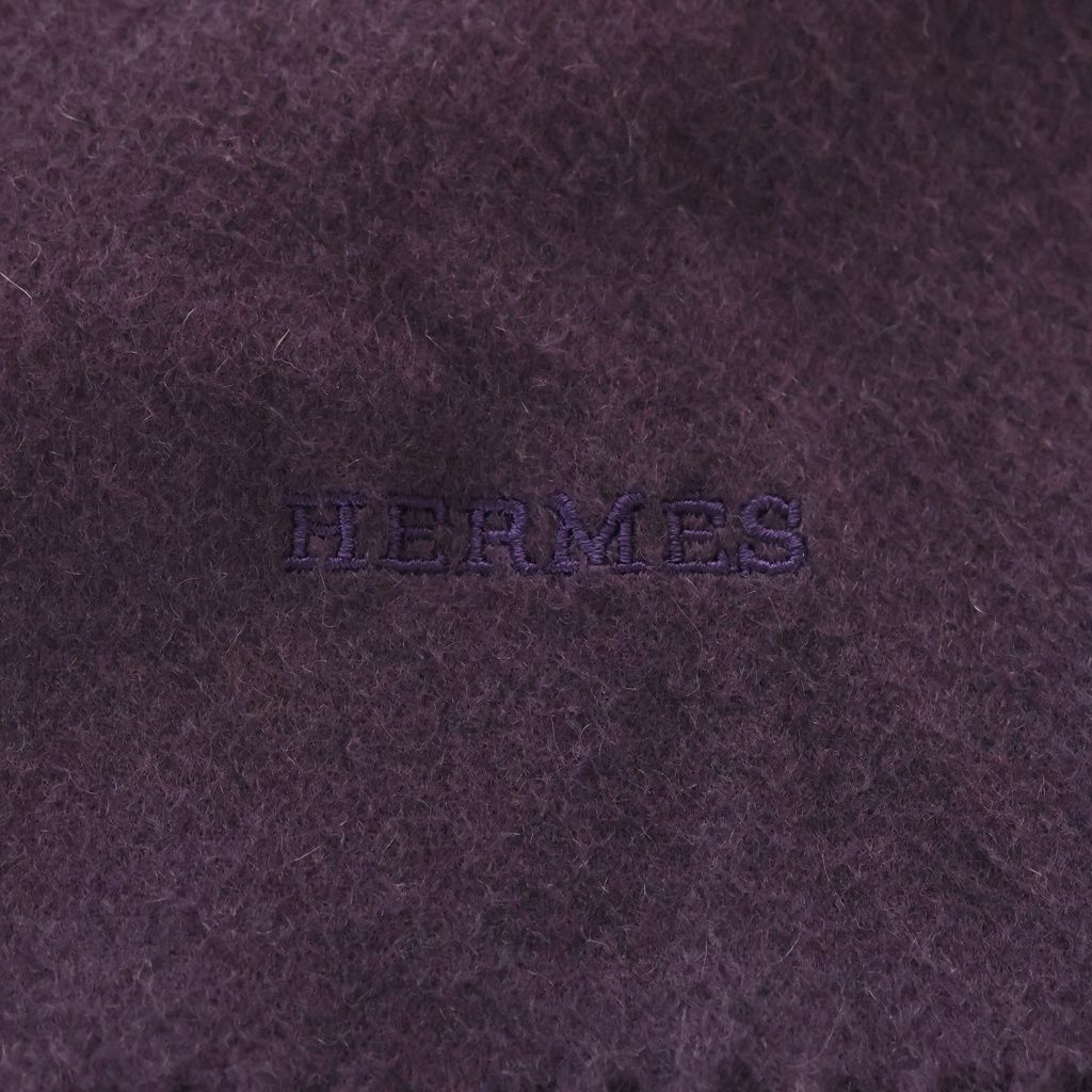 Hermes Logo Embroidery Cashmere Fringe Scarf Purple — view 3