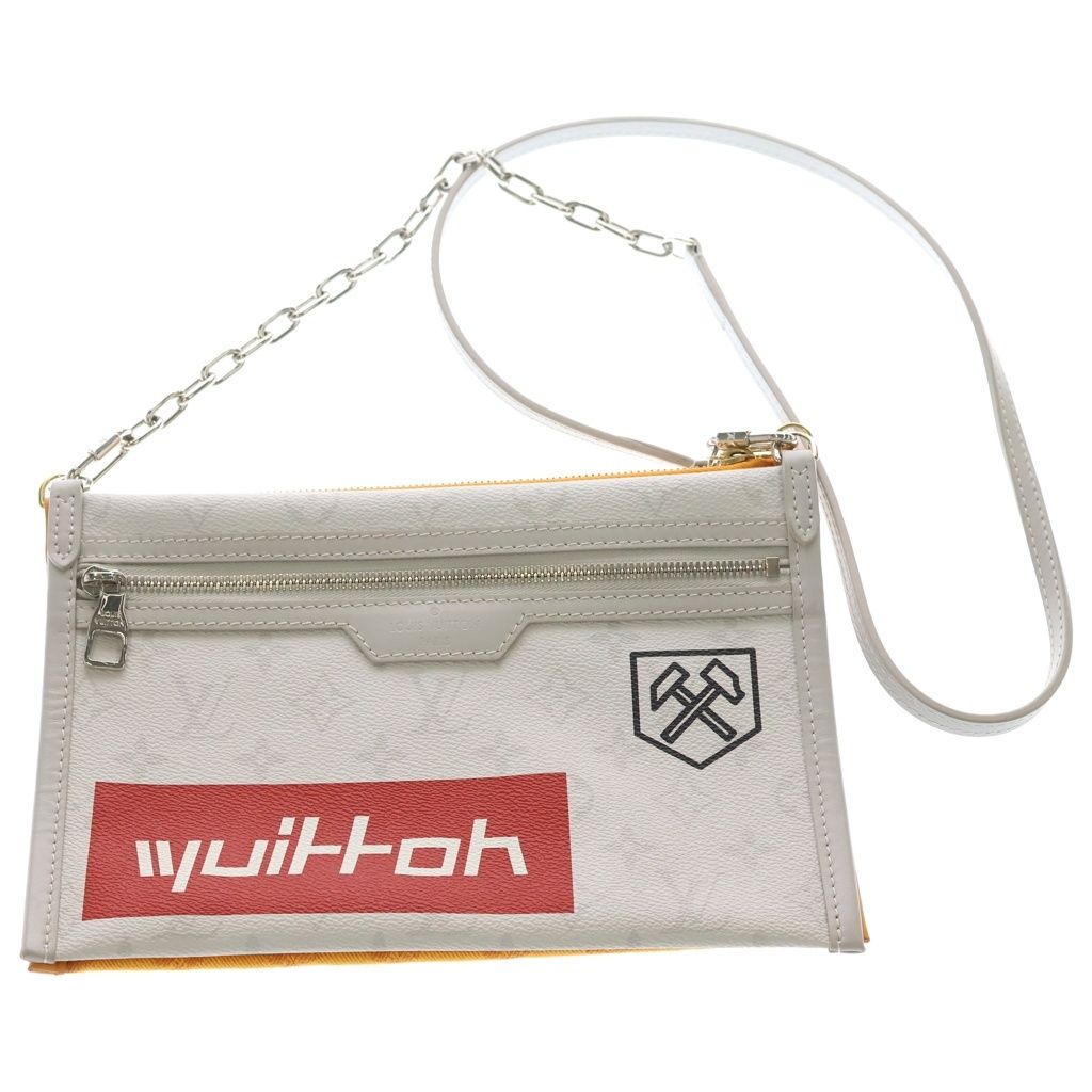 Louis Vuitton Monogram Flat Messenger Shoulder Bag Gray Leather Silver