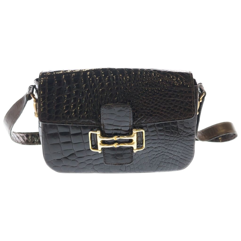 Celine Croco Gold Vintage Shoulder Bag Brown