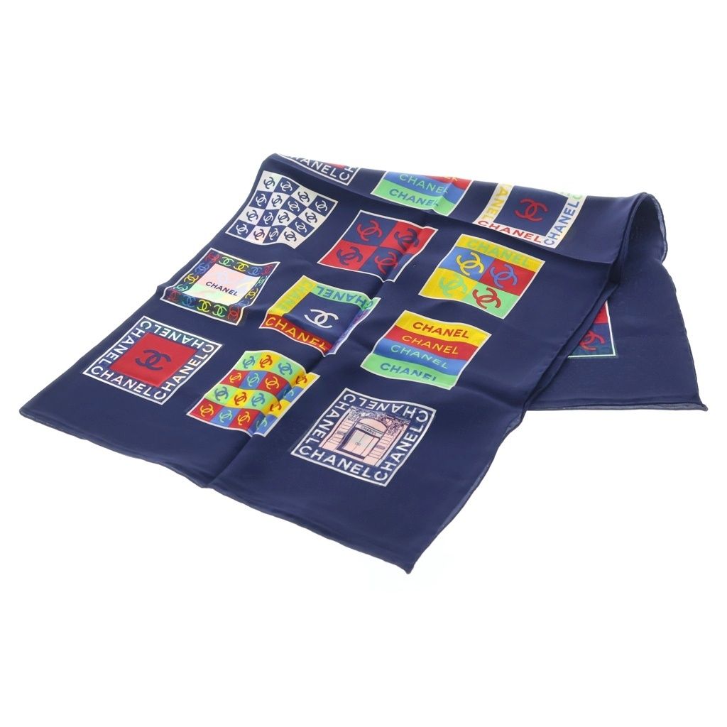 Chanel CC Logo Allover Print Silk Scarf Navy