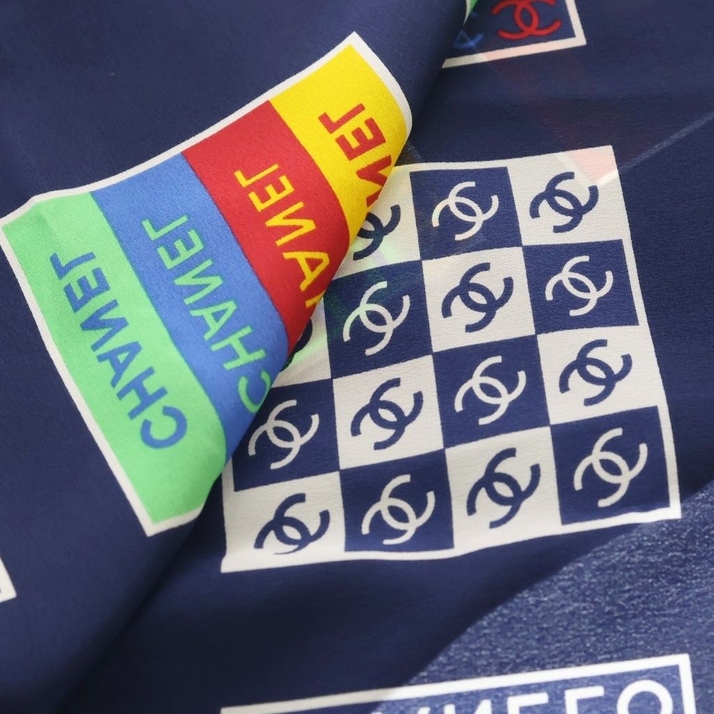 Chanel CC Logo Allover Print Silk Scarf Navy — view 5