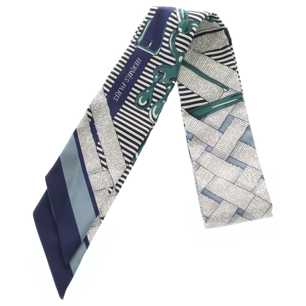 Hermes Twilly Horse Bit Chemise White Navy Silk Twill Scarf