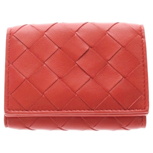 Bottega Veneta Intrecciato Compact Wallet Trifold Red Leather