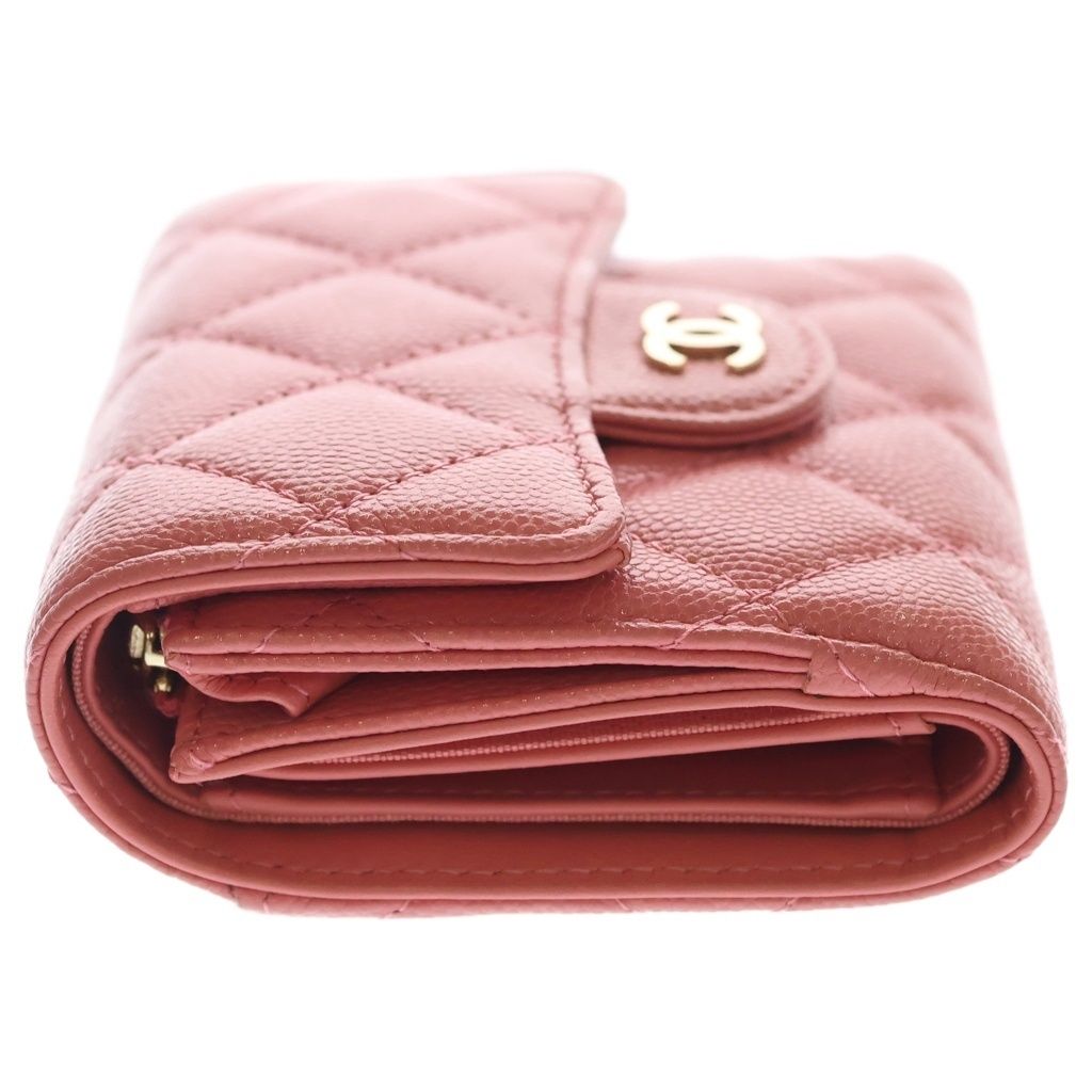 Chanel Quilted Trifold Wallet Compact Coin Case Pink Caviar Leather Gold — view 3