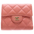 Chanel Quilted Trifold Wallet Compact Coin Case Pink Caviar Leather Gold