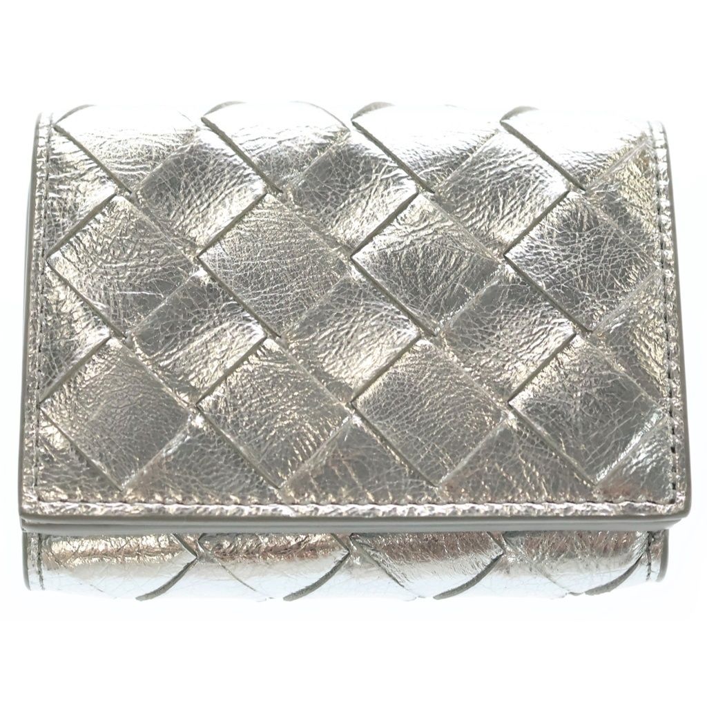 Bottega Veneta Intreccia Tri Foldwallet Compact Wallet Coin Case Silver Leather