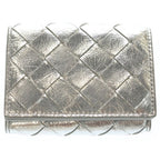Bottega Veneta Intreccia Tri Foldwallet Compact Wallet Coin Case Silver Leather