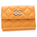 Chanel CC Logo Star Trifold Wallet Compact Coin Case Orange Leather Silver