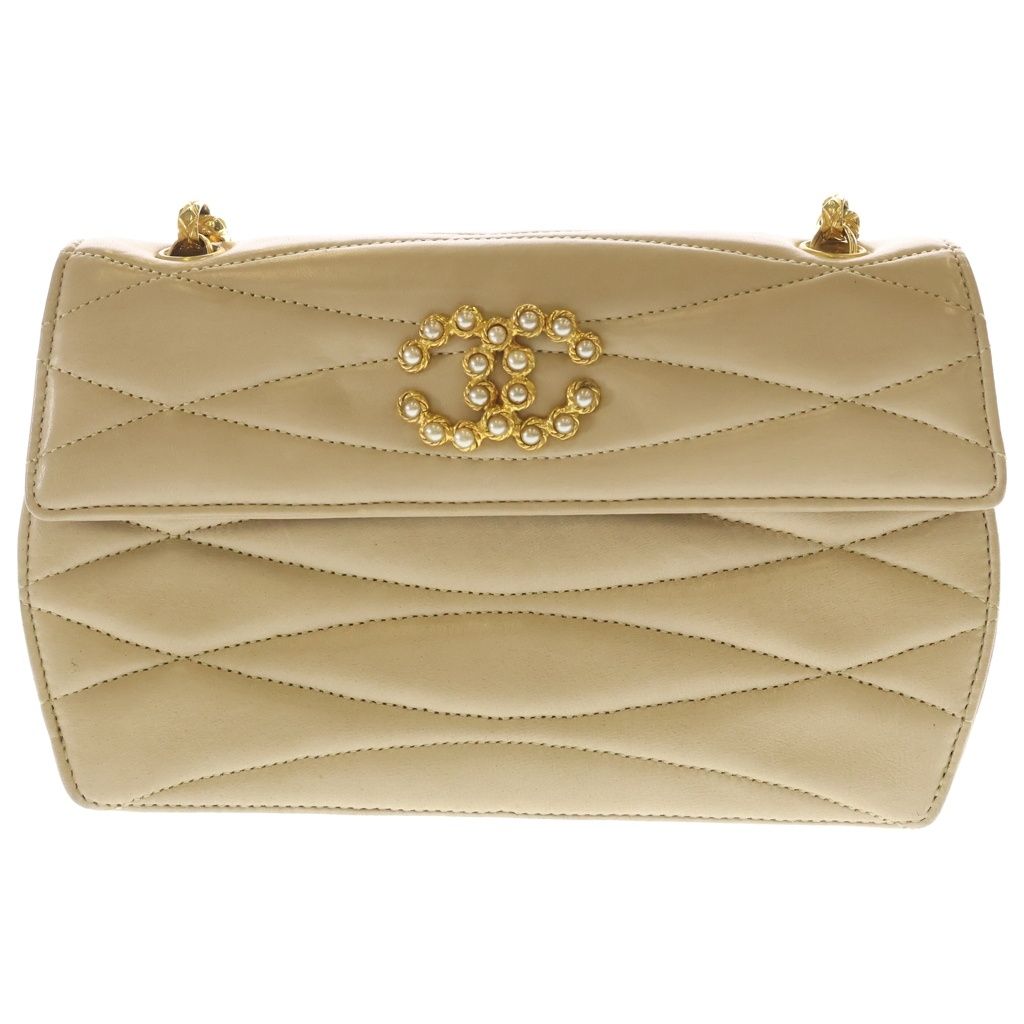 Chanel CC Logo Pearl Vintage Chain Shoulder Bag Beige Leather Gold