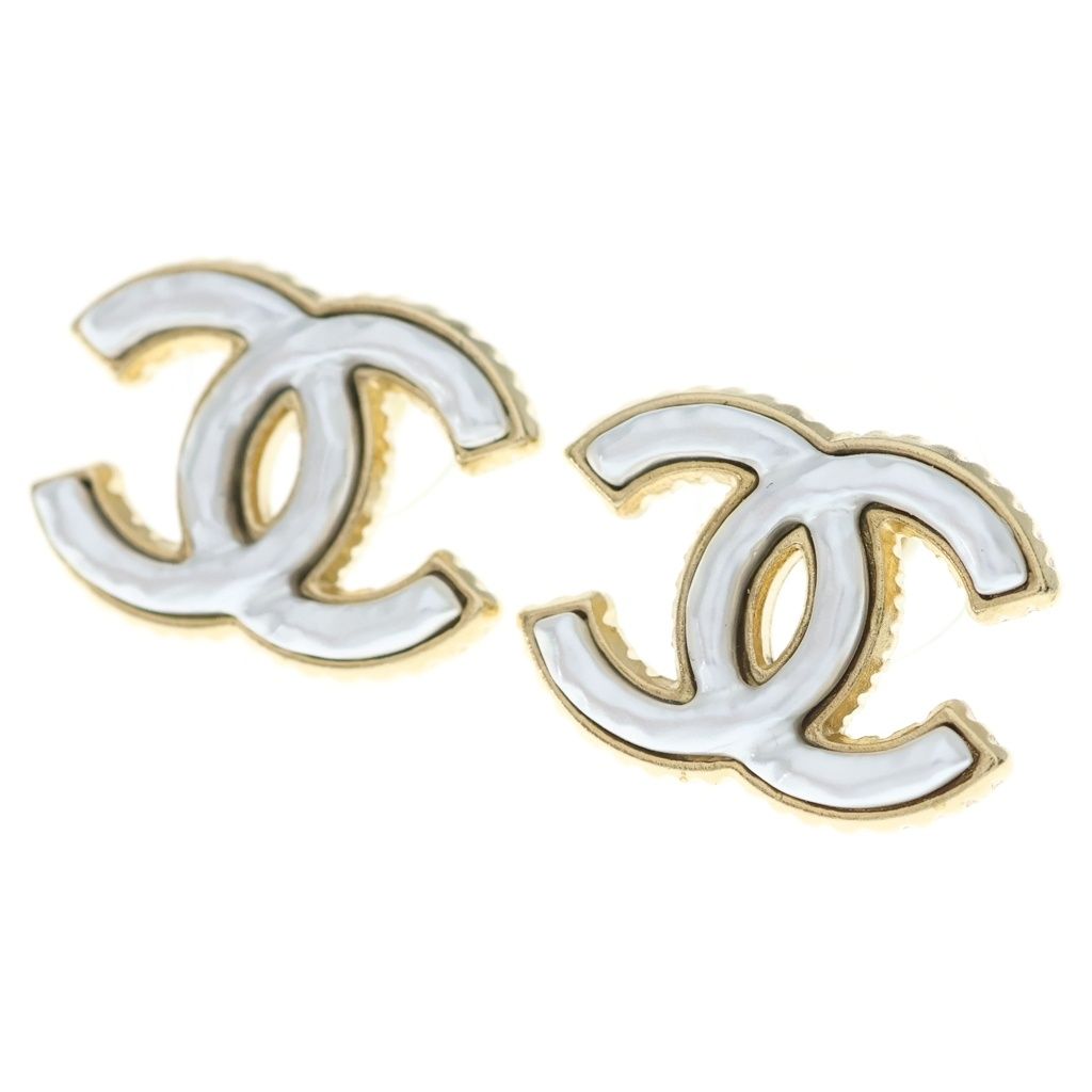 Chanel CC Logo Earrings Pearl White Gold