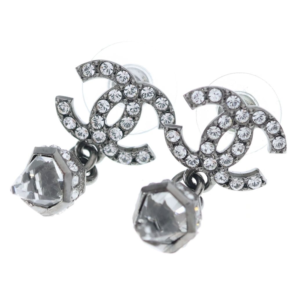Chanel CC Logo Rhinestone Fringe Earrings Silver