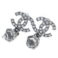 Chanel CC Logo Rhinestone Fringe Earrings Silver