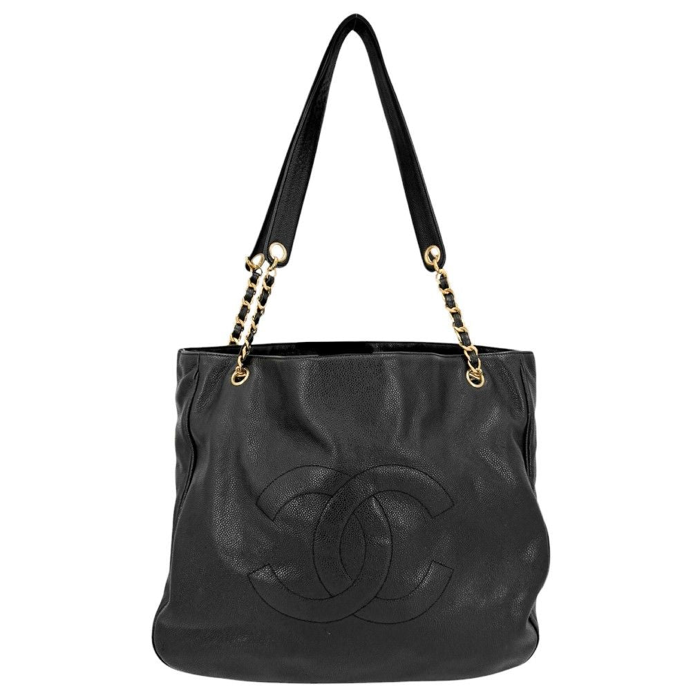 Chanel Tote CC Logo Jumbo CC Chain Shoulder Handbag Caviar Leather Black Gold