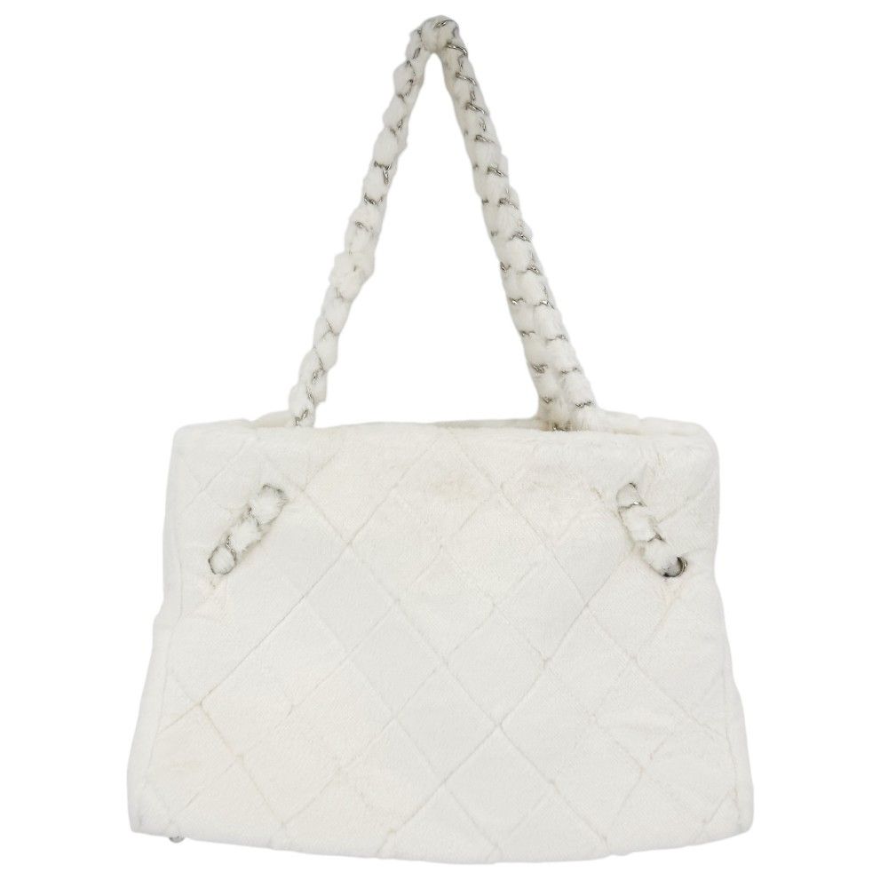 Chanel Tote Camellia Quilted Chain CC Logo Shoulder Handbag Faux Fur White — view 2