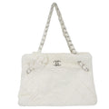 Chanel Tote Camellia Quilted Chain CC Logo Shoulder Handbag Faux Fur White