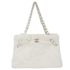 Chanel Tote Camellia Quilted Chain CC Logo Shoulder Handbag Faux Fur White