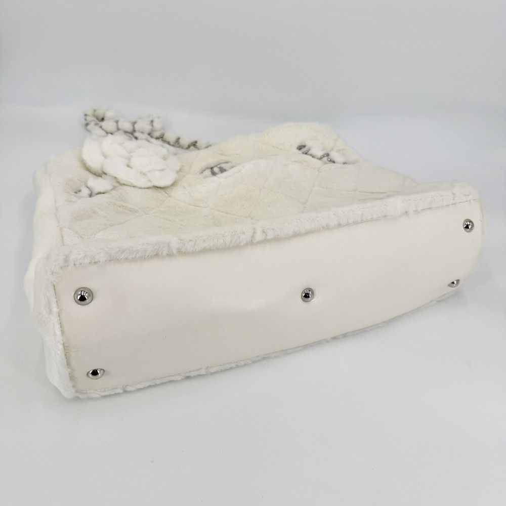 Chanel Tote Camellia Quilted Chain CC Logo Shoulder Handbag Faux Fur White — view 3