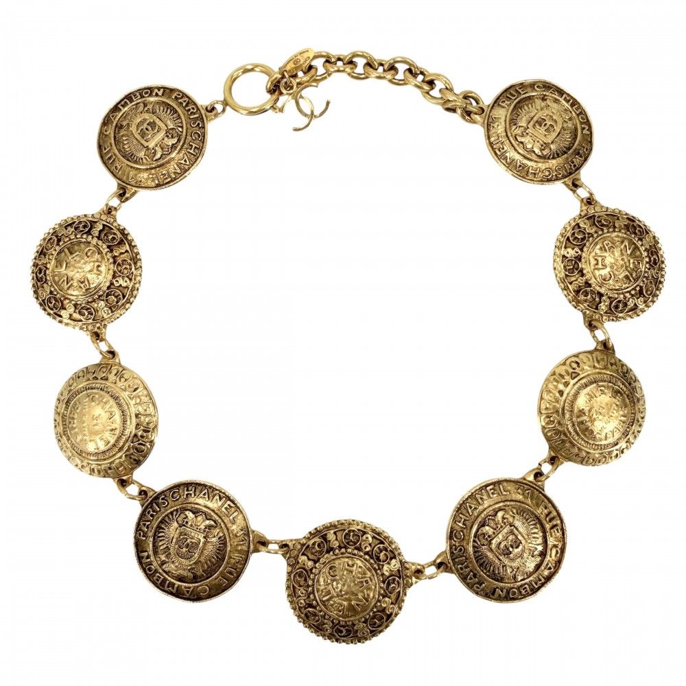 Chanel Necklace Round CC Logo Medal Chain Vintage Gold Plated