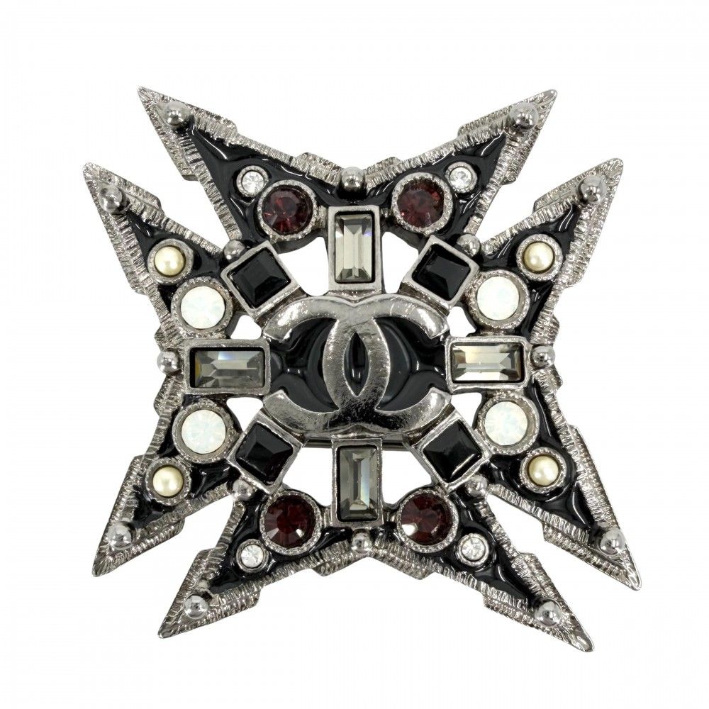 Chanel Brooch CC Logo Rhinestone Faux Pearl Black